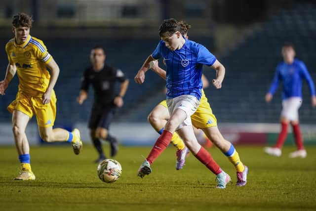 Harry Clout made his Pompey comeback after injury in Monday night’s FA Youth Cup game with Leeds. Picture: Jason Brown/ProSportsImages