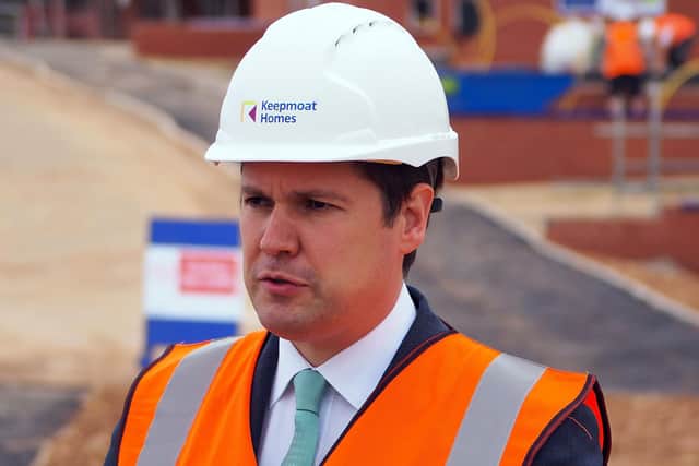 Housing secretary Robert Jenrick visiting a new housing estate as part of the governments First Homes scheme, a flagship project that offers discounted houses to local people and key worker first-time buyers. Photo: Brian Eyre