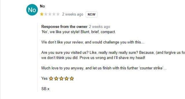 One of the responses to a Google review of Sticky Boy Donuts in Southsea