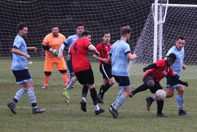 Portchester Rovers (blue) v Horndean United. Picture: Sam Stephenson