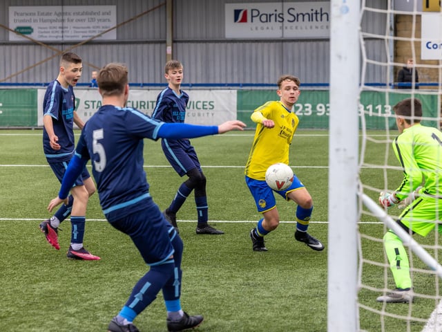 Action from the Under-16 Arthur Hughes Challenge Cup final between Meon Milton Awfords (yellow shirts) and Pickwick Youth Panthers. Picture: Mike Cooter