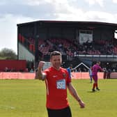 Gary Austin celebrates one of his four first half goals as Fareham hammered Amesbury 12-2 at Cams Alders in the Wessex League Premier Division earlier this month. Picture by Paul Proctor.