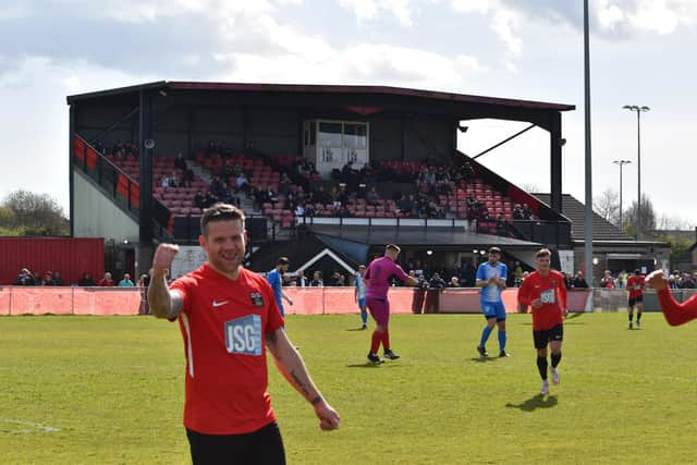 Gary Austin celebrates one of his four first half goals as Fareham hammered Amesbury 12-2 at Cams Alders in the Wessex League Premier Division earlier this month. Picture by Paul Proctor.