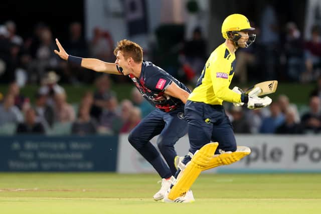 Fred Klaassen successfully appeals for LBW against Joe Weatherley. Photo by James Chance/Getty Images.