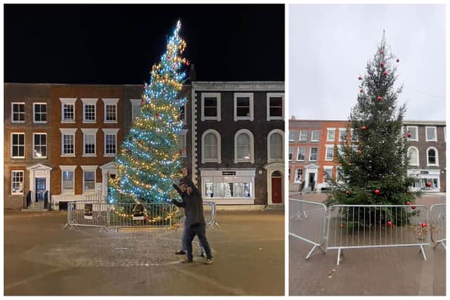 Gosport Borough Council's Christmas tree was delivered broken. Its replacement was then installed at a wonky angle.