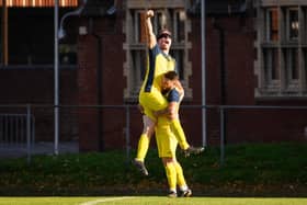 Tom Cain celebrates scoring Moneyfields' second goal at US Portsmouth. Picture: Keith Woodland