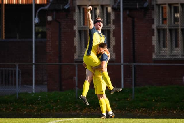 Tom Cain celebrates scoring Moneyfields' second goal at US Portsmouth. Picture: Keith Woodland