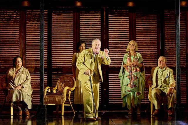 Mark Hadfield as Hercule Poirot and company in Death on the Nile. Photo by Manuel Harlan