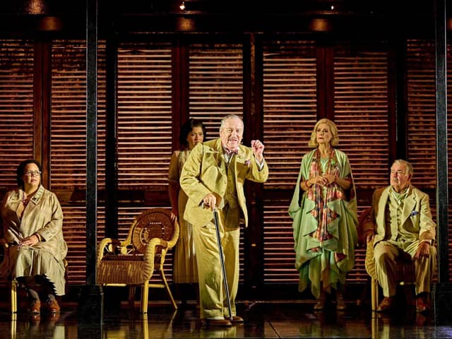 Mark Hadfield as Hercule Poirot and company in Death on the Nile. Photo by Manuel Harlan