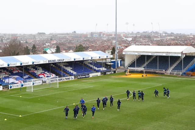 The Bristol Rovers players trained on the pitch at the Memorial Stadium today after the game was postponed.  Picture: Dan Istitene/Getty Images