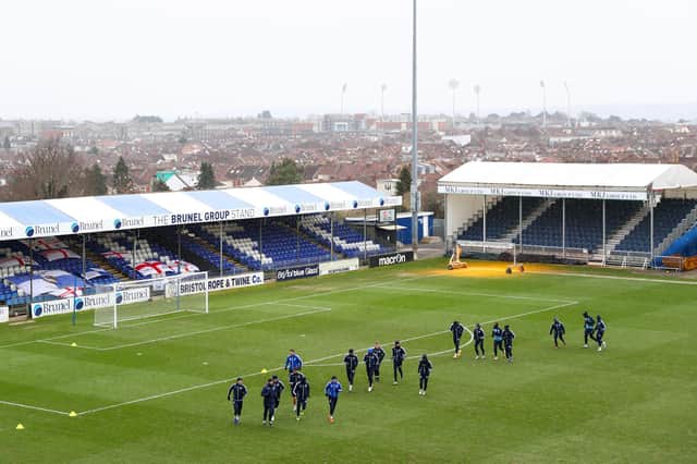 The Bristol Rovers players trained on the pitch at the Memorial Stadium today after the game was postponed. Picture: Dan Istitene/Getty Images