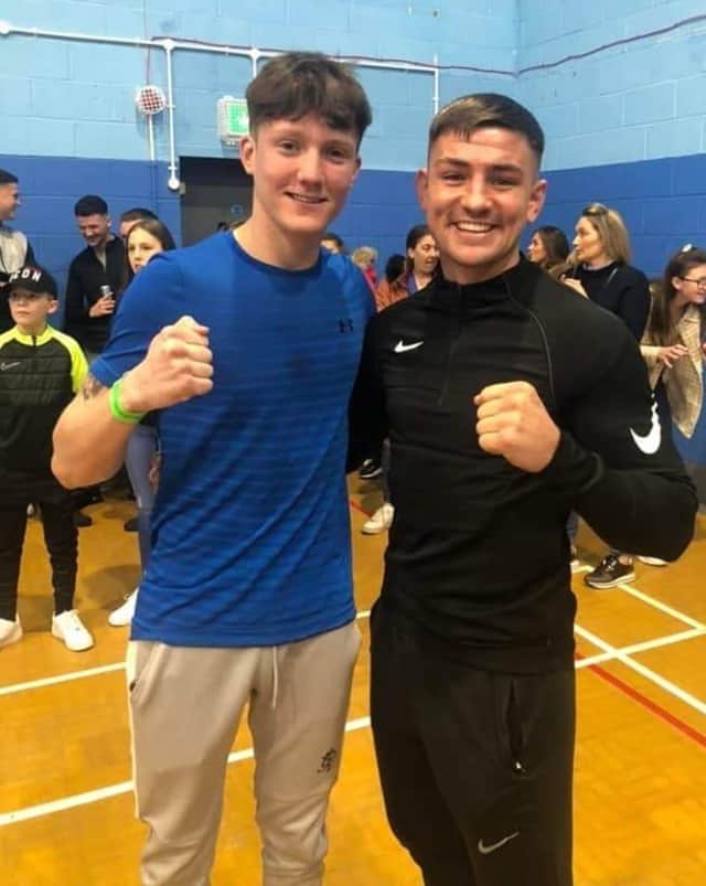 Jack Carter, left, with professional fighter Sam Noakes after his pre-quarter-final win in Kent on Saturday