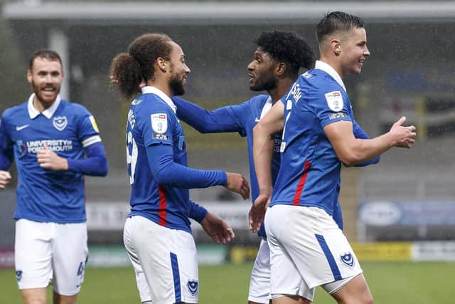 Marcus Harness is congratulated by Ellis Harrison following his hat-trick in the 4-2 success at Burton earlier this month. Picture: Daniel Chesterton/phcimages.com