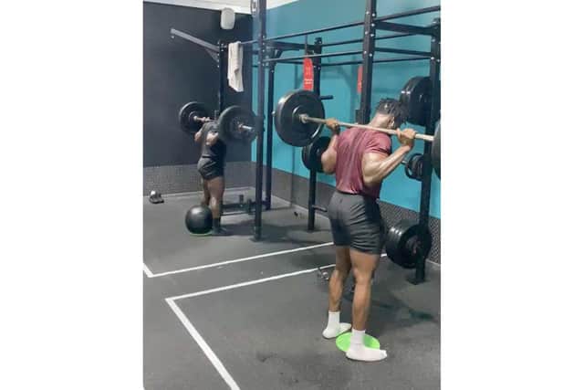 Pompey personal trainers, Sol and Mosh are raising funds for NHS charities by doing 1000 squats each with 80kg on 5 September 2020 at Pure Gym North Harbour 

Pictured: Moshood Awosile and Sol Asajile at Pure Gym, North Harbour, Portsmouth doing squats with 80kg