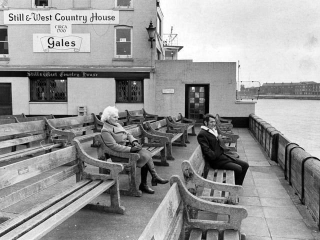 Outside the Still and West pub in Bath Square, old Portsmouth in February 1975. The News PP1115