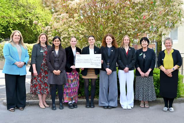 Pictured are Mrs Katie Wood, Head of Sixth Form, Lucy Ashworth, Fundraising, Media and Events Manager, Sussex Snowdrop Trust, Ashlyn Khan, Deputy Head Girl, Nell Newport Spiers, Deputy Head Girl, Phoebe Wilson, Head Girl, Juliette Binning, Deputy Head Girl, Beatrice Oliver, Deputy Head Girl, Diana Levantine, Chairman and Co-Founder and Mrs Jane Prescott, Headmistress.