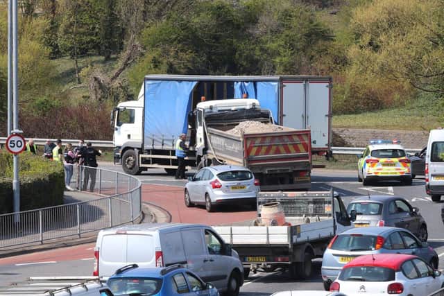 Two lorries have collided at the Portsbridge Roundabout in London Road, Hilsea, in Portsmouth on April 20, 2021. Picture: Habibur Rahman