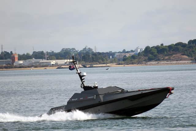 The Royal Navy's new Madfox drone boat joined its first overseas training drill, which saw the hi-tech craft launching a missile at a dummy target. Photo: Royal Navy
