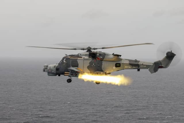 Pictured: HMS Defender’s Wildcat helicopter from 815 Naval Air Squadron launching the new Martlet missile in the Bay of Bengal as part of the Carrier Strike Group 21 Deployment. Photo: Royal Navy