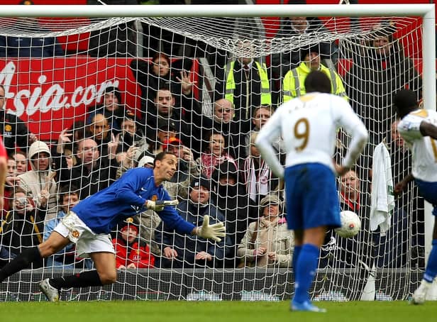 Sulley Muntari smashes the ball past stand-in Manchester United goalkeeper Rio Ferdinand during Pompey's FA Cup win at Old Trafford in 2008. Picture: Richard Heathcote/Getty Images