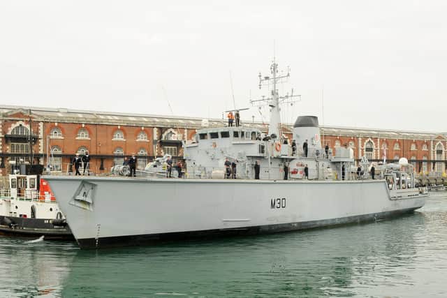 HMS Ledbury pictured returning to Portsmouth Naval Base on Friday, September  11, after three years in the Gulf on operation Kipion.

Picture: Sarah Standing (110920-3813)