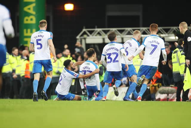 Andre Green celebrates his stoppage-time winner for Pompey at Norwich in January 2019. Picture: Joe Pepler