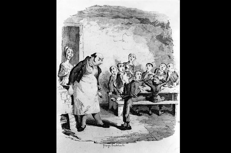 1838:  A scene from Oliver Twist by Charles Dickens. Oliver asks for more food to the horror of the other boys.  Oliver Twist - pub. 1838 Illustration by Cruikshank  (Photo by Hulton Archive/Getty Images)