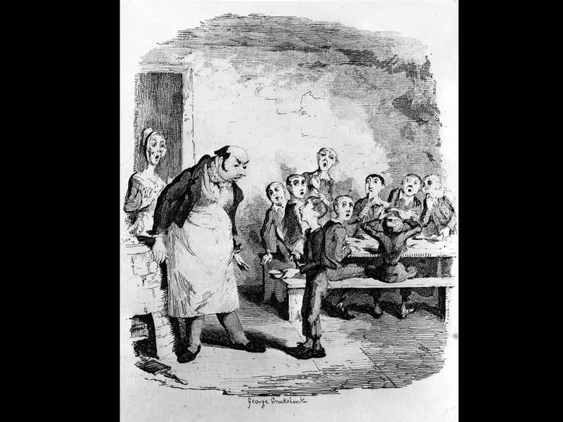 1838:  A scene from Oliver Twist by Charles Dickens. Oliver asks for more food to the horror of the other boys.  Oliver Twist - pub. 1838 Illustration by Cruikshank  (Photo by Hulton Archive/Getty Images)