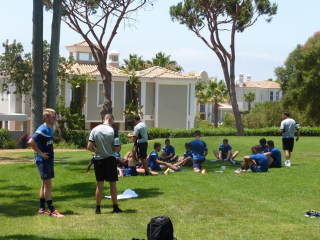 Pompey's players cool down after a session under Paul Cook in Portugal in June 2015.