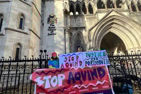 Activists have rallied outside the Royal Courts of Justice as the fate of the Aquind project goes before a judge