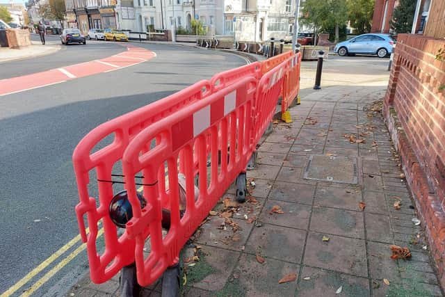 The damaged bollards outside Rainbow Corner Nursery School in Southsea picturerd on November 1, 2021. Picture: Fiona Callingham