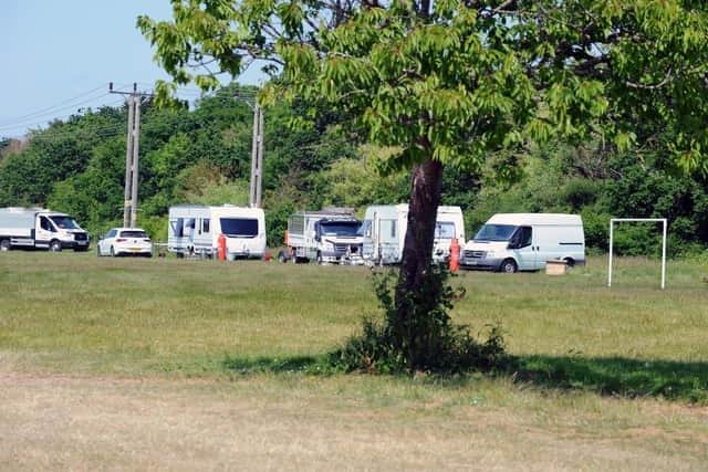 Travellers on Brookers Field Recreation Ground off Rowner Road, Gosport. Picture: Sarah Standing (060623-5403)