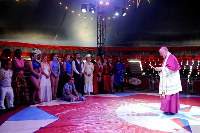 Zippos Circus has returned to Southsea Common from Tuesday, August 4 to Sunday, August 9 2020, during the Covid-19 pandemic.
Pictured is: (right) Bishop Philip Egan from Portsmouth blessing the Zippos Circus' Big Top at Southsea Common on Monday, August 3.
Picture: Sarah Standing (030820-1697)