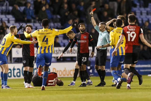 Josh Vela was sent off against Pompey for a challenge on Ronan Curtis. Picture:  Daniel Chesterton/phcimages.com