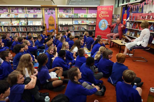 Author Michael Morpurgo speaking to children from St Judes C of E Primary School about writing and poetry at the Central Library, Portsmouth
Picture: Chris Moorhouse (jpns 230522-16)