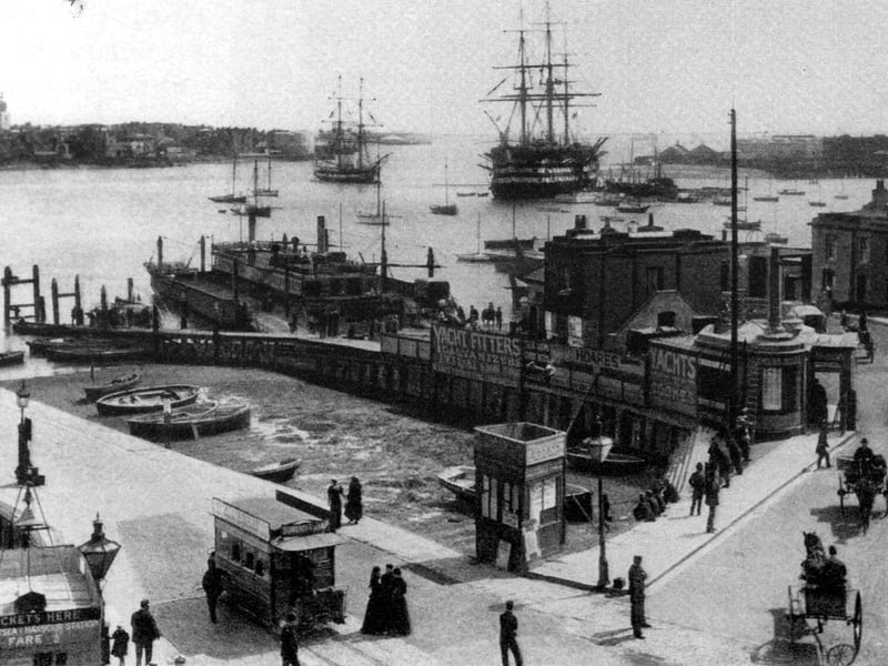 Portsmouth from the Gosport side of the harbour in the first decade of the 20th century. The floating bridge is in the middle of the picture. Incorporated in 1838, it began running in 1840. HMS Victory is moored nearest the shore
