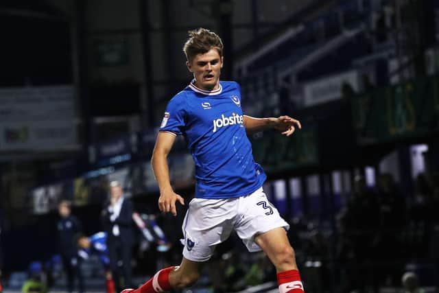 Joe Hancott on his Pompey debut aged 16 years and 161 days against Fulham Under-21s in the Checkatrade Trophy in August 2017. Picture: Joe Pepler