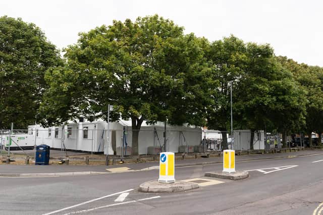 The Covid-19 testing site in the car park of the University of Portsmouth's Eldon building in Middle Street, Southsea. Picture: Duncan Shepherd