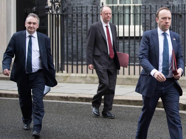 Health secretary Matt Hancock (right), and chief medical officer Chris Whitty (centre) leaving the Cabinet Office in London, after a meeting of the Government's emergency committee Cobra to discuss coronavirus. Picture: Stefan Rousseau/PA Wire