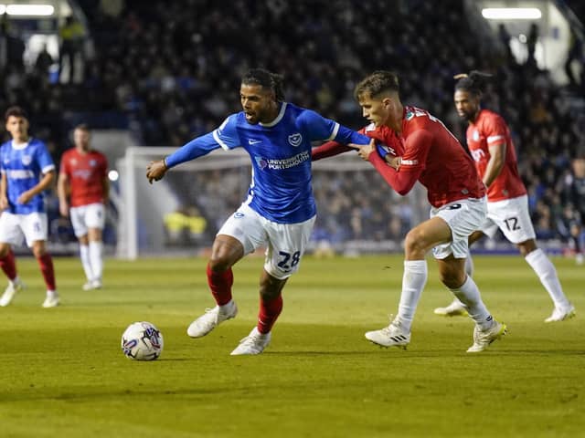 Tino Anjorin in action on his first Pompey start during the Fratton Park encounter with Wycombe. Picture: Jason Brown/ProSportsImages