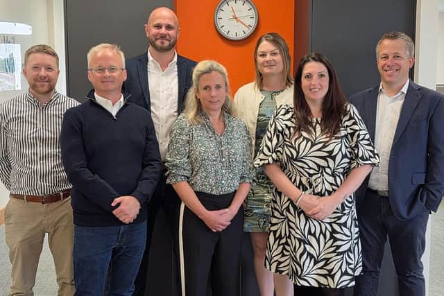 PROMOTED: Russell Miller, left, South Coast regional managing partner and LLP member, with newly promoted colleagues, from left, David Podesta, partner and head of development; Joe Walker, partner, LLP member and head of lease advisory; Lucy Clifford Bowles, associate; Hannah Bennett, associate, Diana Southwell, senior surveyor and David Ramsay, partner, LLP member, and head of planning