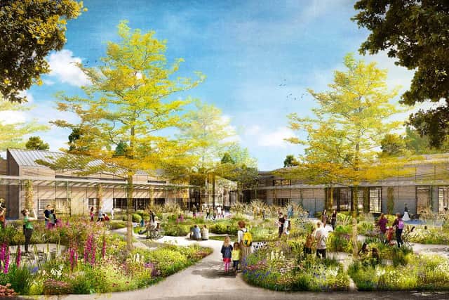 A computerised image shows the centre surrounded by flowers and plants, accessible to the public (Picture: RHS)