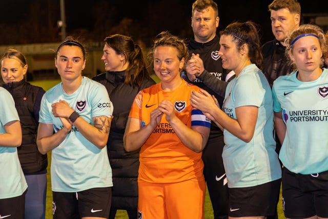 Portsmouth players await being presented with the PDFA Senior Cup. Picture by Alex Shute