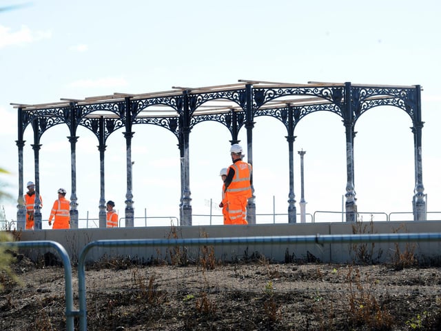 The shelters are being put back together as part of the ongoing sea defence work at Speakers' Corner in Southsea Picture: Sarah Standing(120924-5959)