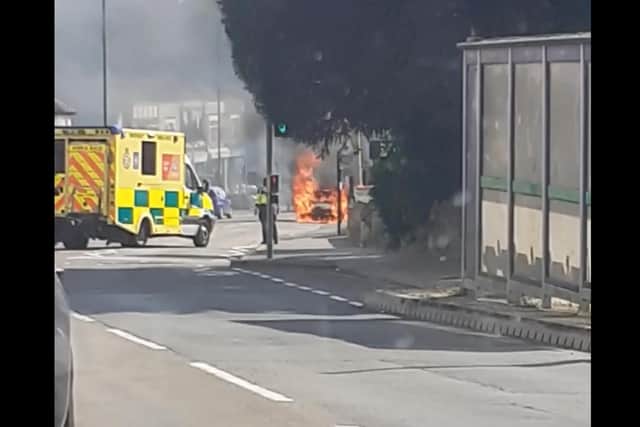 A car on fire in London Road, Purbrook, earlier today.