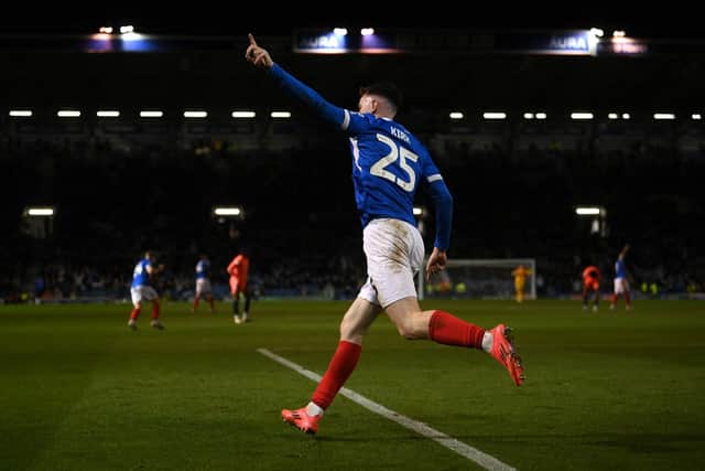 Makenzie Kirk of Portsmouth celebrates his goal during the Sky Bet Championship match between Portsmouth and Coventry City at Fratton Park. (Photo by Mike Hewitt/Getty Images)