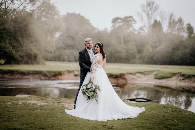 Jemma and Luke Wainwright at the grounds of their stunning wedding venue. 
Picture: Carla Mortimer Wedding Photography