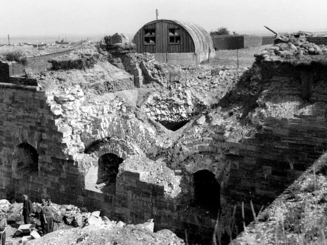 Bomb damage to one of the bastions at Fort Cumberland, Eastney, after it was bombed on August 26, 1940.
