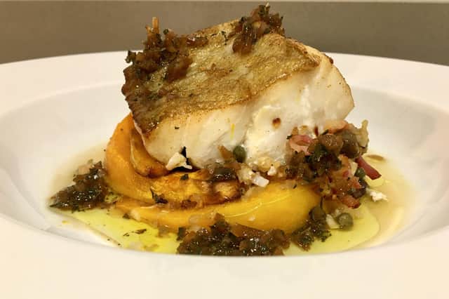 Crown prince pumpkin and roast cod by Lawrence Murphy.