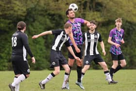 Action from Al's Bar's 3-0 win over Emsworth Town reserves (black and white kit) in City of Portsmouth Sunday Football League Division Four. Picture: Kevin Shipp